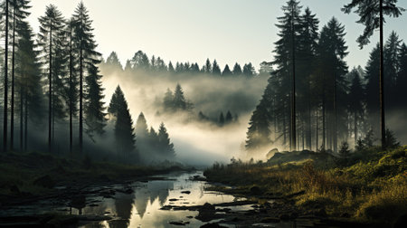 A Misty Dawn in the Pine Forest. Generative AIの素材