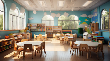 Empty Modern Preschool Classroom Interior. Generative AIの素材
