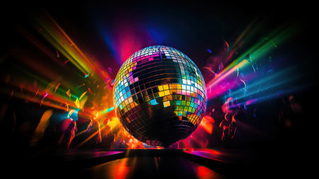 Disco mirror ball struck nightclub lasers exploding into prismatic RAINBOWs, Generative AIの素材