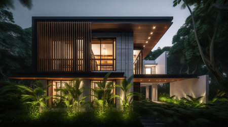 Contemporary white house with vertical timber screen and some dark stone cladding, surrounded by tropical trees. Generative AIの素材