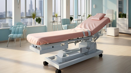 Interior of cosmetology clinic. Specialized couch for massage or cosmetic procedures in middle of bright beauty salon. Generative AIの素材