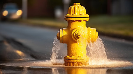 Yellow fire hydrant gushing water across a street with wet highway. Generative AIの素材