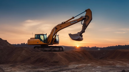 An Excavator's Graceful Dance in the Open Pit Mining. Sunset in the Quarry. Generative AIの素材