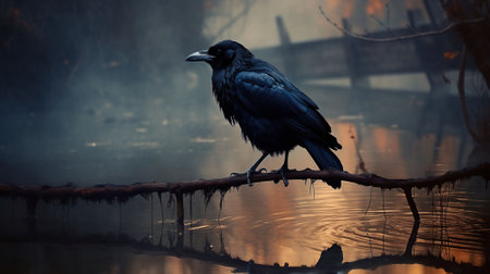 Gagak Perched on a Branch in the Misty Night. Generative AIの素材