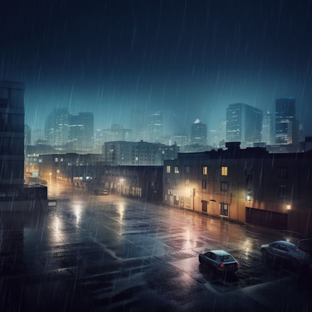 Rainy Night Reverie. A Soothing View of the City's Skyscrapers. Generative AIの素材