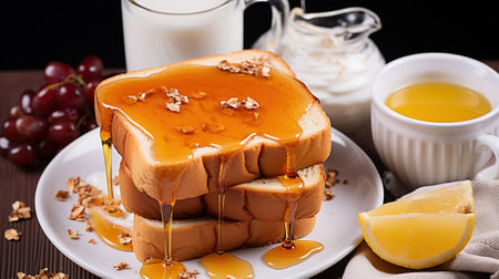 Delicious breakfast. Fresh toast with salted caramel and honey. Generative AIの素材