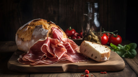 Bread with slices jamon serrano for lunch table. Summer picnic time over wooden rustic background. Generative AIの素材