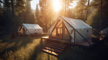 Dawn's Luxury. Glamping Retreat in the Gentle Morning Sunlight. Generative AIの素材