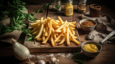 The fries are spread evenly on the plate with seasoning on top and Placed on a rustic wooden board. Generative AIの素材