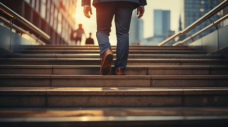 Close up, young businessman feet sprinting up stairs office middle. Generative AIの素材