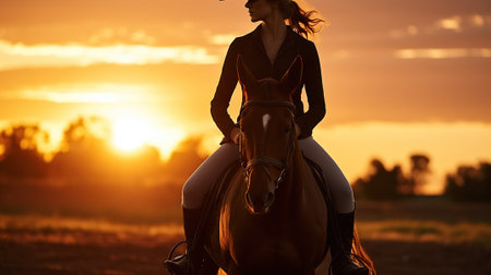 Silhouette of a woman riding a horse at sunset. Generative AIの素材