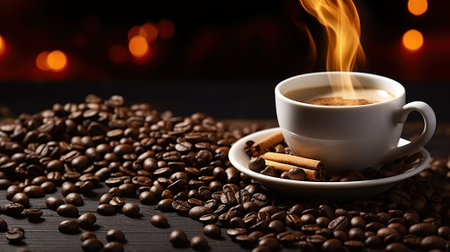 Aromatic Elegance. White Coffee Cup and Coffee Beans on a Wooden Table on dark background. Generative AIの素材