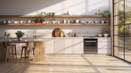 Sunrise Serenity. Captivating Modern Kitchen with Leafy Shadows and Open Space. Generative AIの素材