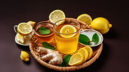 Green tea with lemon, ginger and honey, Immunity boosting and cold remedies. Generative AIの素材