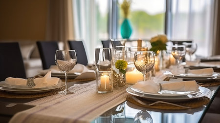 Table Elegance. Enhancing the Dining Experience with Artful Decorations. Generative AIの素材