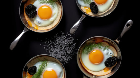 Four sunny - side up eggs freshly cooked in the same pan, garnished with caviar. Generative AIの素材