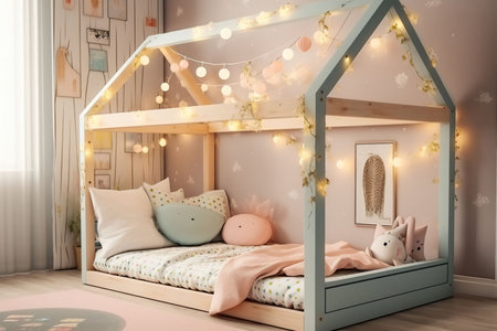 Kids' House Floor Bed Frame Adorned with Fairy Lights and Soft Pastels. Generative AIの素材