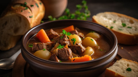 Soul-Warming Delight. Crock Pot Beef Stew with Potato and Toast. Generative AIの素材