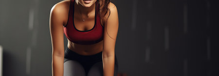 A Happy Young Woman in Stylish Sportswear Engages in a Vigorous Fitness Workout at the Gym. Generative AIの素材