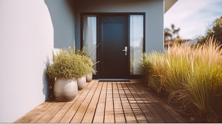 Suburban Home Entrance with Potted Grass and Wooden Path. Generative AIの素材