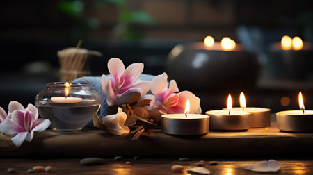 Serenity in Stillness. Zen Spa Relaxation with Aromatherapy and Flowers. Generative AIの素材
