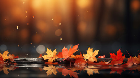 Autumn season and end year activity with red and yellow maple leaves with soft focus light and bokeh background. Generative AIの素材