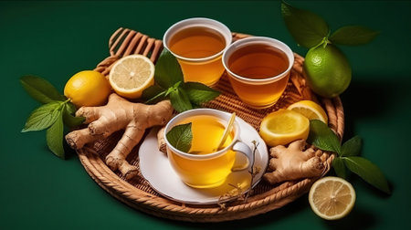 Green Tea with Lemon, Ginger, and Honey for Wellness. Generative AIの素材