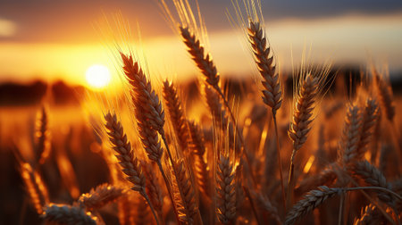 Wheat Wonders. Bathed in the Gentle Glow of a Sunset Sky. Generative AIの素材
