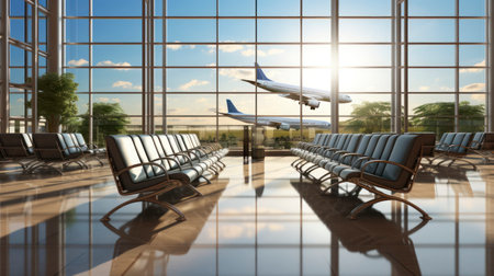 Vacant Airport Lounge with a Parked Plane in the Backdrop. Generative AIの素材