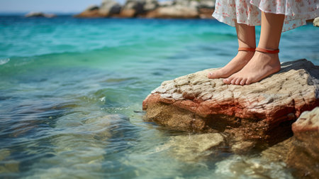 A Young Woman's Feet Gracefully Resting on a Stone Beach Amidst Turquoise Waters. Generative AIの素材