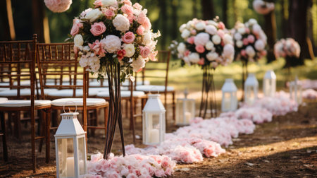 Preparation for a wedding ceremony outdoor in the park forest . Wood arch and chairs are decorated with white and pink flowers roses and peony. Generative AIの素材