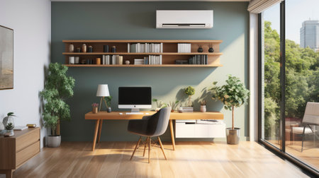 Optimized Work Nook. Home Office with Cooling System, Table, Desktop Computer And Wooden Cabinet. Generative AIの素材