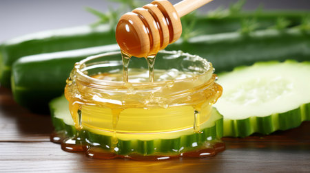 Close-up, Aloe Vera and honey. Sliced Aloevera with dripping honey. Organic Skin care concept. Generative AIの素材
