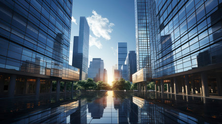 Architectural Symphony. Skyline Reflections in Modern Facades. Generative AIの素材