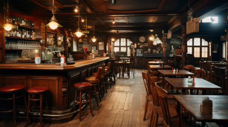 The Classic Wooden Charm Inside a Traditional Tavern. Exploring the Traditional Wooden Interiors of an Irish Tavern. Generative AIの素材