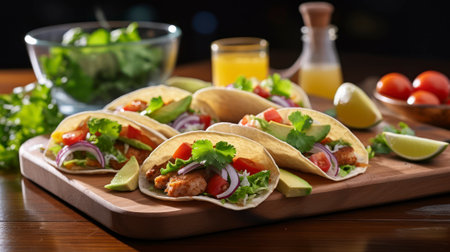 Wooden board with delicious tacos on kitchen table. Generative AIの素材