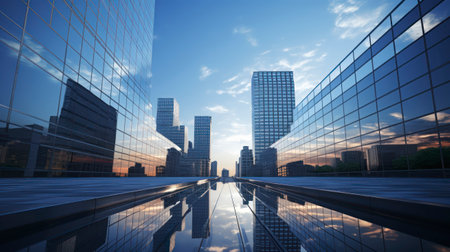 Glass Giants - Group of office buildings against the sky - reflection in building facade. Generative AIの素材