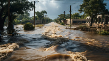 Storm Surge Engulfs Roads in Tropical Onslaught. Generative AIの素材