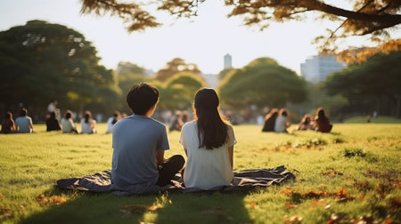 Back view of young Japanese men and women sitting on the grass in the park. Generative AIの素材