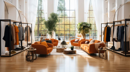 Quiet Glamour. Exploring the Modern Interiors of an Empty Fashion Haven. Generative AIの素材