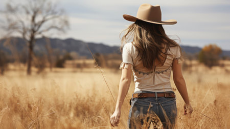 Country Charm. Captivating Cowgirl Adorned in Western Wear wearing cowboy hat. Generative AIの素材