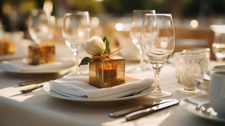 A Perfectly Set Table for a Memorable Wedding Reception. Generative AIの素材