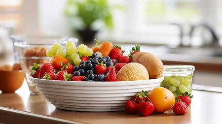 A Fruit Basket Brightening the Kitchen Space. Generative AIの素材