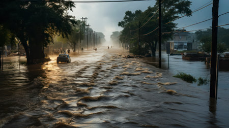 Storm surge covering flooded road during tropical storm. Generative AIの素材