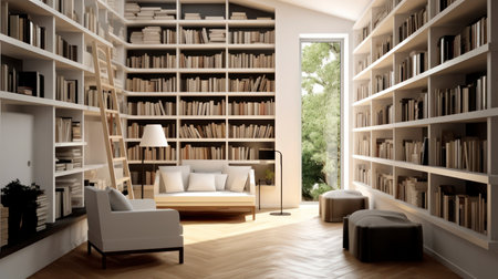 A Tranquil Reading Space with Pristine Walls and Timbered Floors. Generative AIの素材