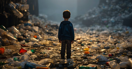 Young Eyes, Heavy Burden. Sad a kid standing looking at a lot of plastic wastes in. Generative AIの素材