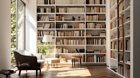 A Tranquil Reading Space with Pristine Walls and Timbered Floors. Generative AIの素材