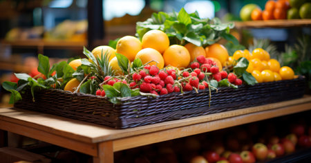 A Basket of Fresh Fruits Amidst Supermarket Greenery. Generative AIの素材