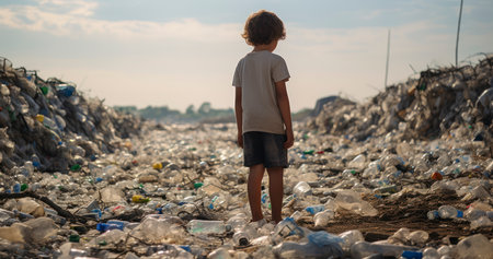 A Solemn Child Observes a Sea of Plastic. Generative AIの素材