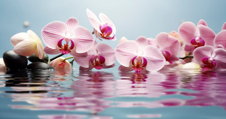 Tranquil Blooms - Background with Orchids Adrift on Water's Surface. product background. Generative AIの素材
